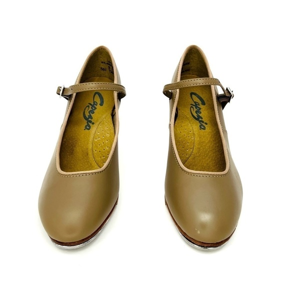 Capezio Heeled Tap Shoes Tap Jr. Footlight Caramel Tan Leather Size 5.5 New - Picture 3 of 12